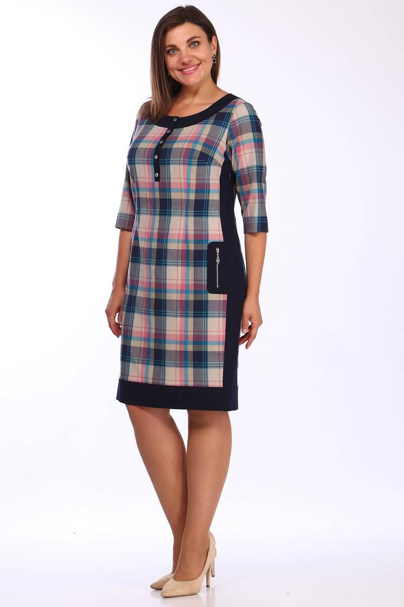 платье Lady Style Classic 485/1 темно-синий_с_розово-бежевой_клеткой